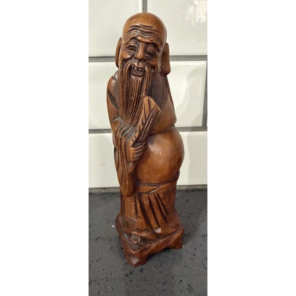 Vtg Hand Carved Wooden Buddha Happy Smiling Figure Statue Figurine